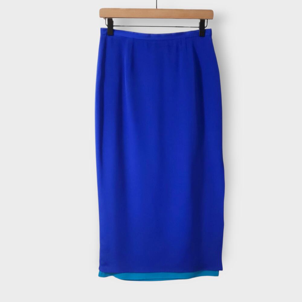 Josephine‎ Chaus Petite 100% Silk Layered Pencil Midi Skirt Split Blue Fairy 6P
